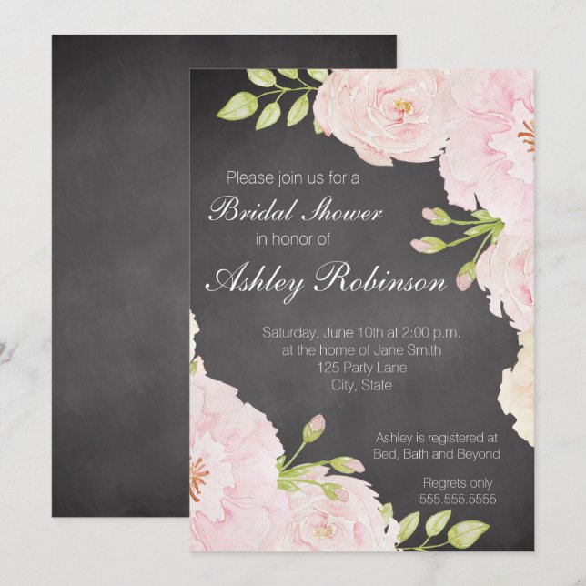 Invitación Chalkboard Rosas de acuarela Ducha de novias (Anverso / Reverso)