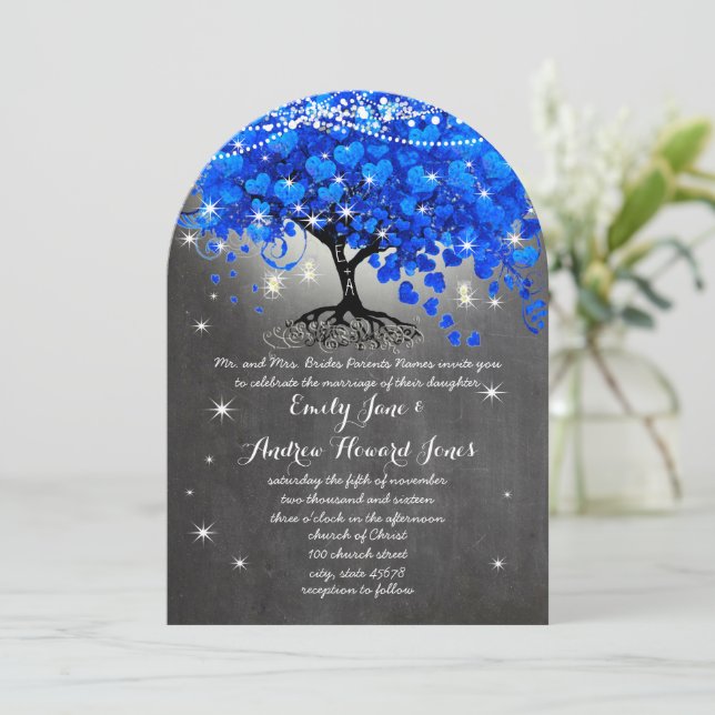 Invitación Chalkboard Royal Blue Heart Leaf Tree Mason Jar (Anverso de pie)