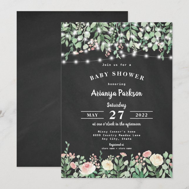Invitación Chalkboard Rubor Floral Lights Baby Shower (Anverso / Reverso)