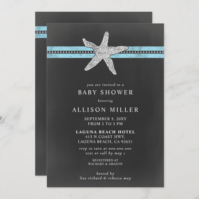 Invitación Chalkboard Rústico Blue Starfish Beach Baby Shower (Anverso / Reverso)