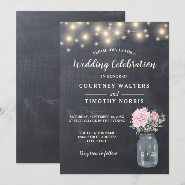 Invitación Chalkboard Rústico Peony Floral Mason Jar | BODA (Anverso / Reverso)