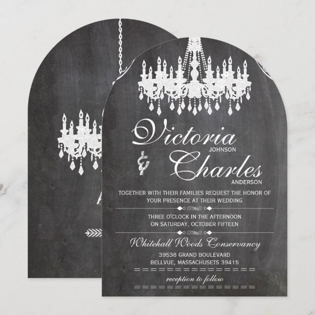 Invitación Chalkboard Rústico Vintage Typography Chandelier (Anverso / Reverso)