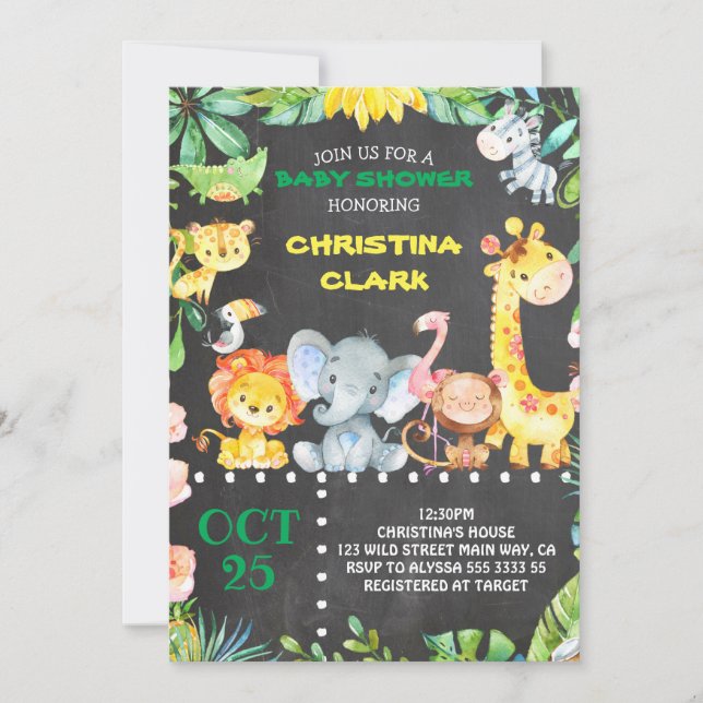 Invitación Chalkboard Safari Jungle Animales Baby Shower (Anverso)
