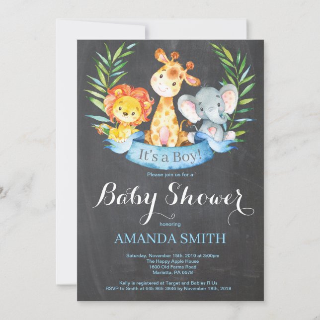 Invitación Chalkboard Safari Jungle Animals Boy Baby Shower (Anverso)