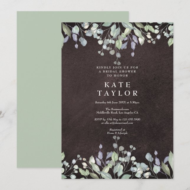 Invitación Chalkboard Sage y Lilac Floral Bridal Shower (Anverso / Reverso)