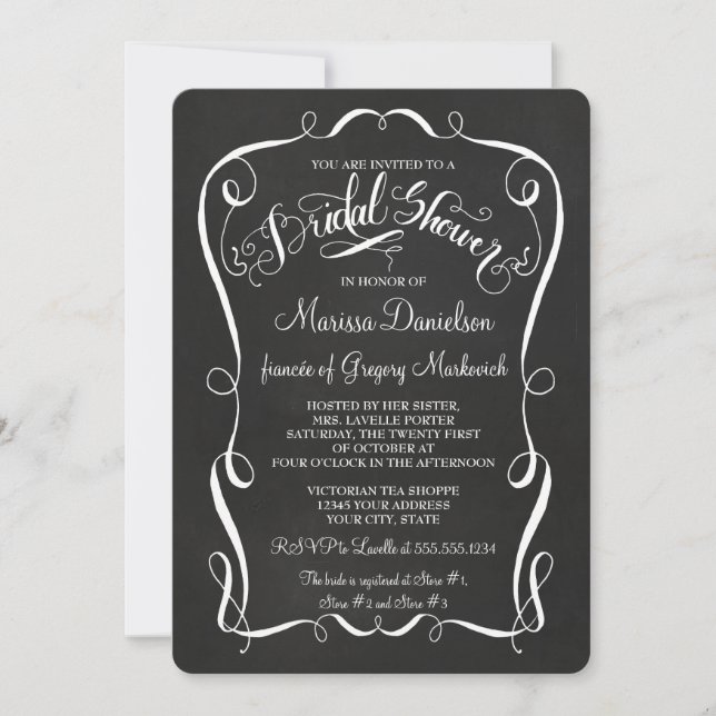 Invitación Chalkboard Scroll Bridal Shower Invitar caligrafía (Anverso)