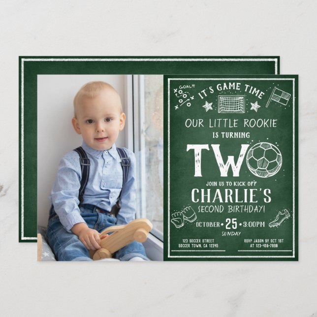 Invitación Chalkboard Soccer All Star Photo 2º cumpleaños (Anverso / Reverso)