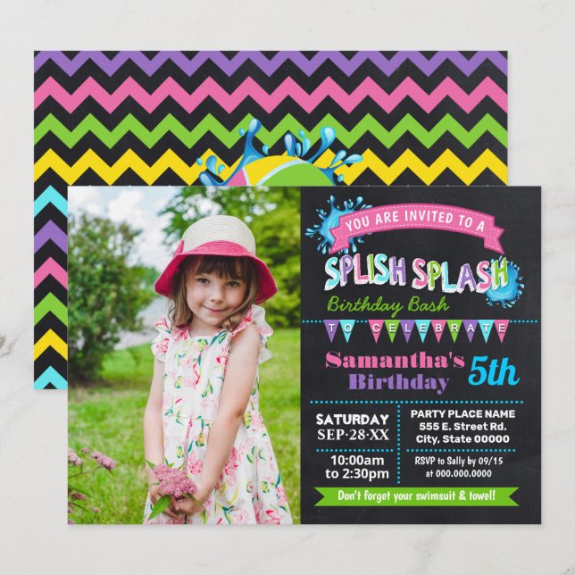 Invitación Chalkboard Splish bienvenida foto rosa de cumpleañ (Anverso / Reverso)