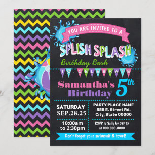 Invitación Chalkboard Splish salpicar fiesta rosa de cumpleañ