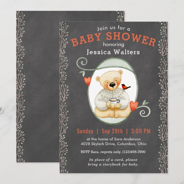 Invitación Chalkboard Story Book Teddy Bear Baby Shower (Anverso / Reverso)