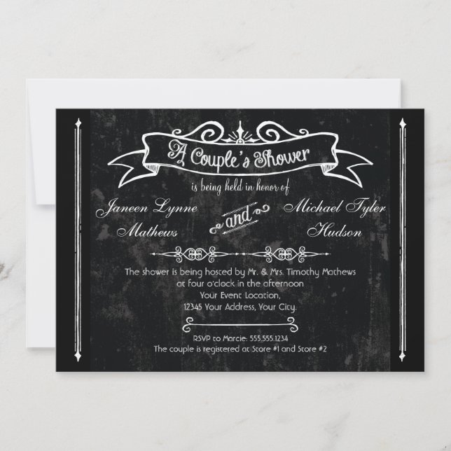 Invitación Chalkboard Style Rustic Swirly Couples Ducha (Anverso)