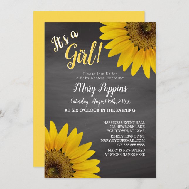 Invitación Chalkboard Sunflower Garden Chica Baby Shower (Anverso / Reverso)