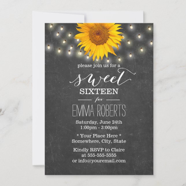 Invitación Chalkboard Sunflower & String Lights Sweet 16 (Anverso)