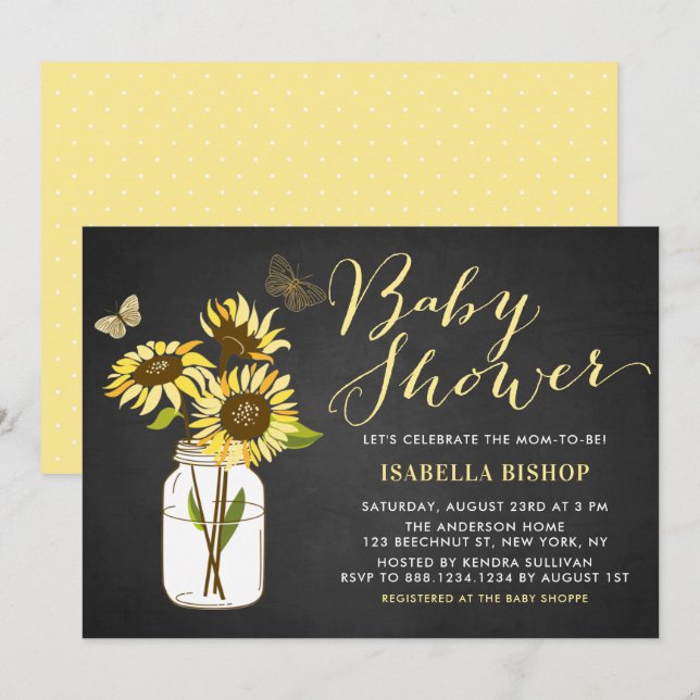 Invitación Chalkboard Sunflowers en Mason Jars Baby Shower (Anverso / Reverso)