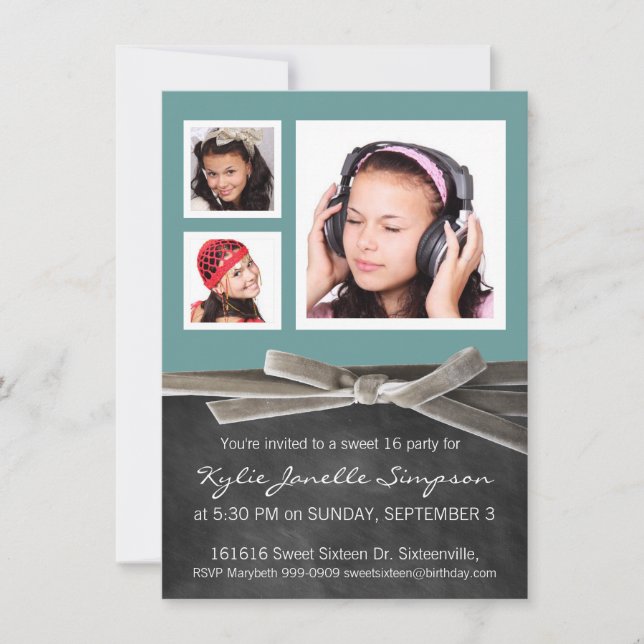 Invitación Chalkboard Sweet 16 con 3 fotos (Anverso)