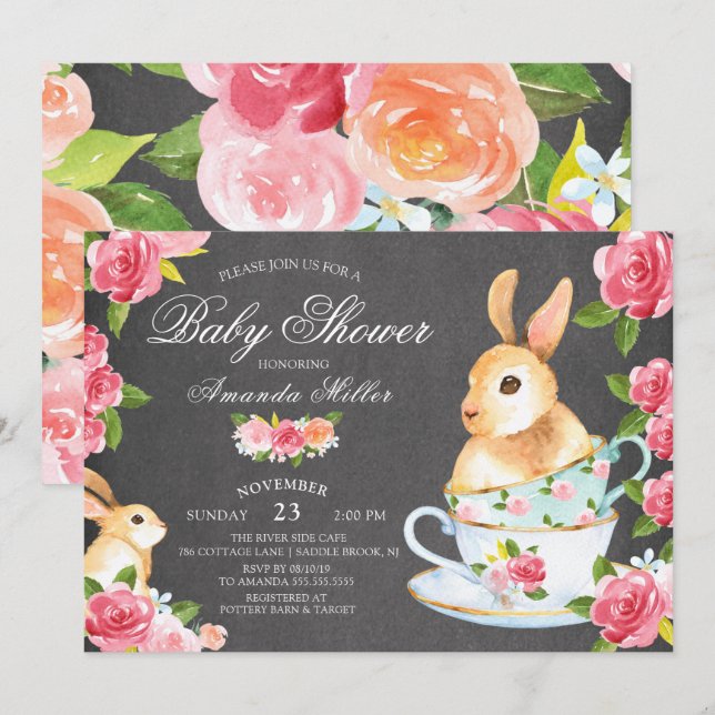 Invitación Chalkboard Sweet Bunny Baby Shower Tea Fiesta (Anverso / Reverso)