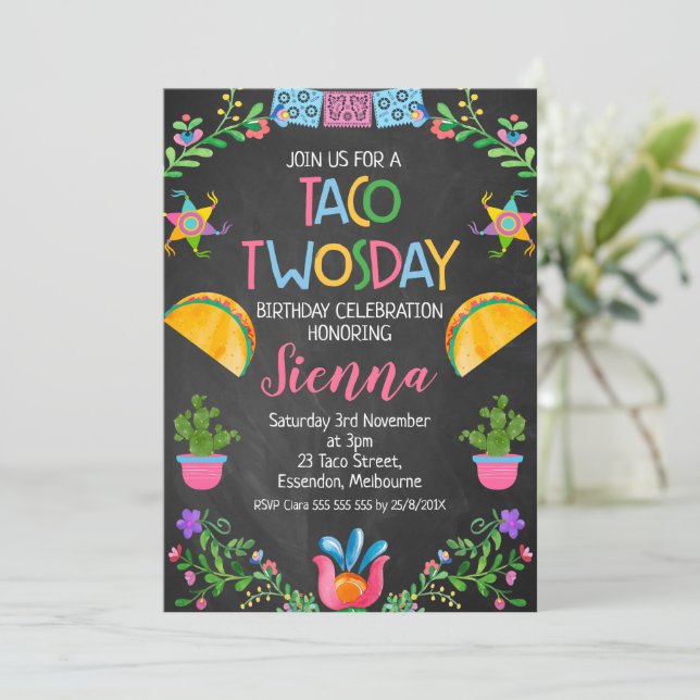 Invitación Chalkboard Taco Twosday México 2º cumpleaños (Anverso de pie)
