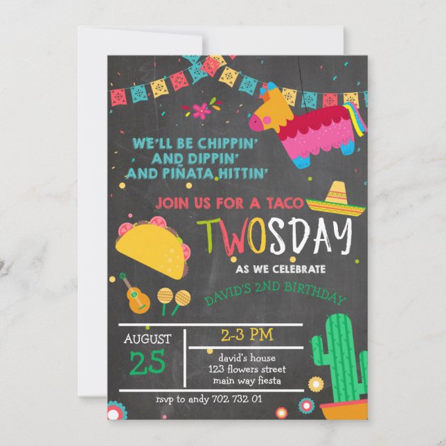 Invitación Chalkboard Taco Twosday Pinata Fiesta 2do cumpleañ (Anverso)