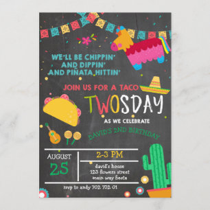 Invitación Chalkboard Taco Twosday Pinata Fiesta 2do cumpleañ