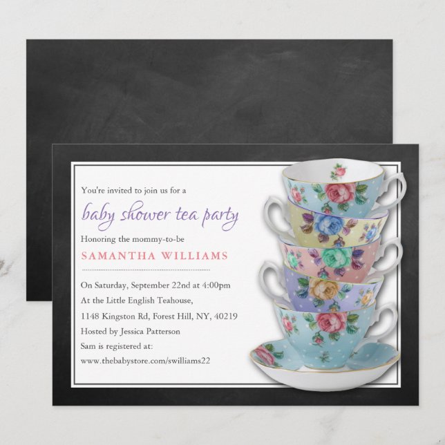 Invitación Chalkboard Teacups Baby Shower Tea Fiesta (Anverso / Reverso)