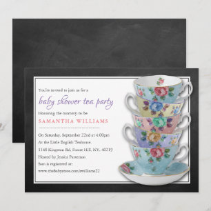 Invitación Chalkboard Teacups Baby Shower Tea Fiesta