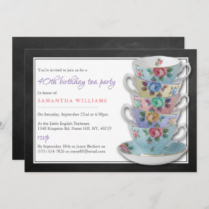 Invitación Chalkboard Teacups Birthday Tea Fiesta