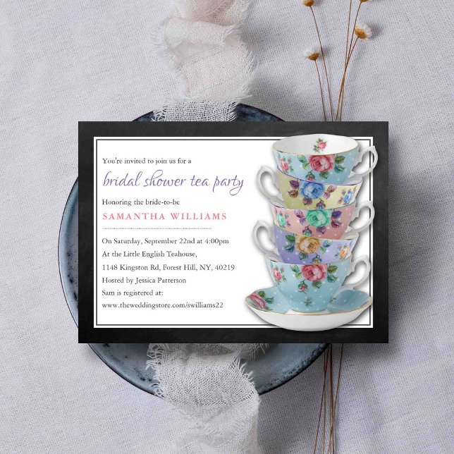 Invitación Chalkboard Teacups Bridal Shower Tea Fiesta (Subido por el creador)