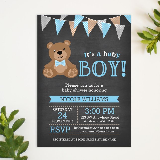 Invitación Chalkboard Teddy Bear Boy Baby Shower (Subido por el creador)