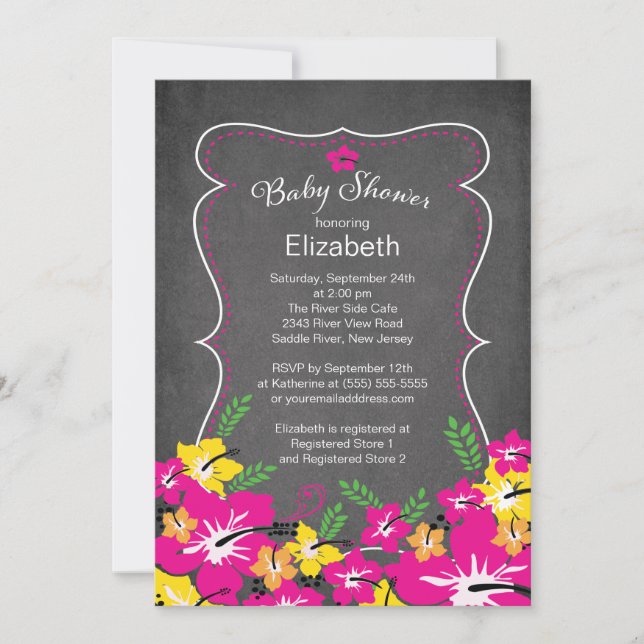 Invitación Chalkboard Tropical Hibiscus Flowers Baby Shower (Anverso)