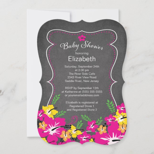 Invitación Chalkboard Tropical Hibiscus Flowers Baby Shower (Anverso)