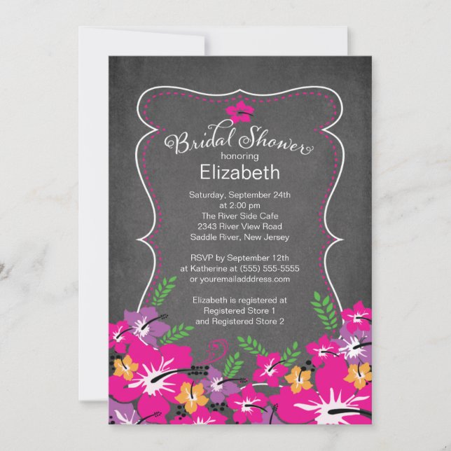 Invitación Chalkboard Tropical Hibiscus Flowers Bridal Shower (Anverso)