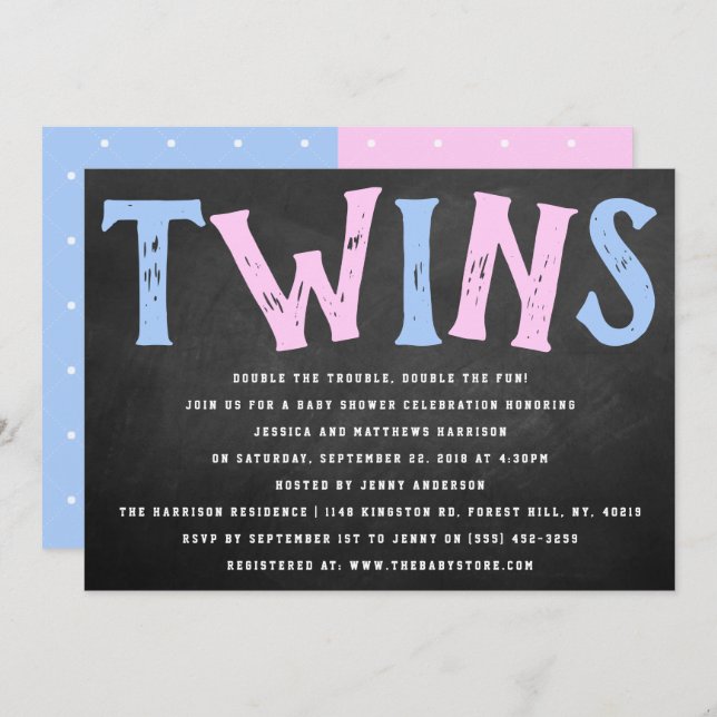 Invitación Chalkboard Typography Boy and Chica Twins Baby Sho (Anverso / Reverso)