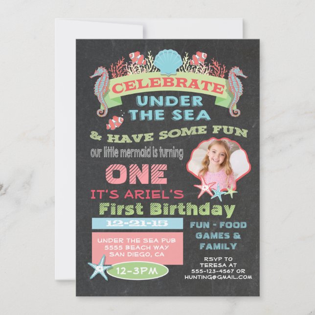 Invitación Chalkboard Under the Sea Birthday Party (Anverso)