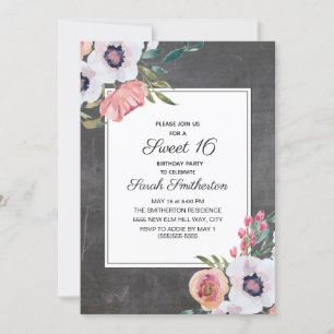 Invitación Chalkboard Vintage Dulce Floral Blanco Rosa 16