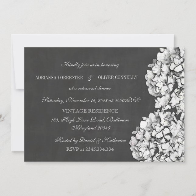 Invitación Chalkboard Vintage Hydrangeas Ensayo Cena 2 (Anverso)