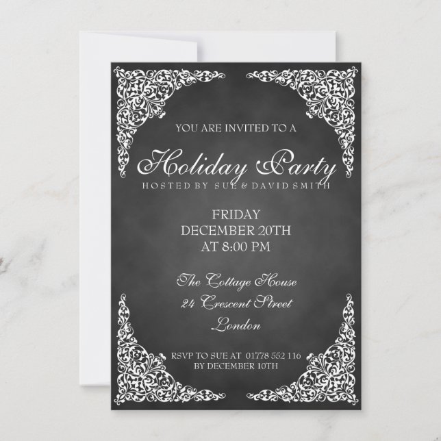 Invitación Chalkboard Vintage Swirls Holiday Party (Anverso)