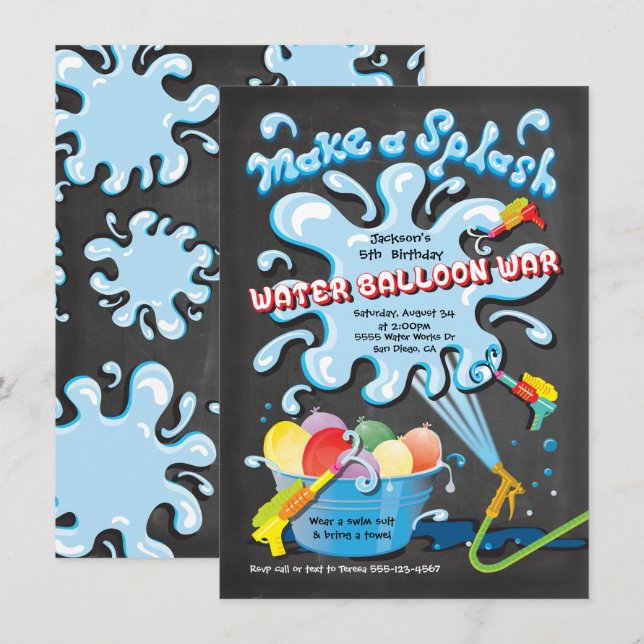 Invitación Chalkboard Water Balloon War Birday party (Anverso / Reverso)