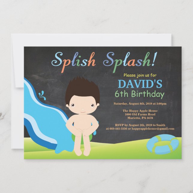 Invitación Chalkboard Water Slide Pool Fiesta de cumpleaños (Anverso)