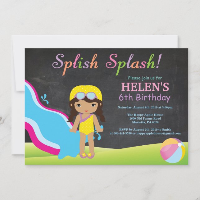 Invitación Chalkboard Water Slide Pool Fiesta de cumpleaños (Anverso)