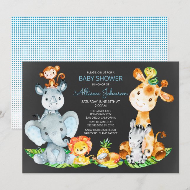 Invitación Chalkboard Watercol Cute Safari Jungle Baby Shower (Anverso / Reverso)