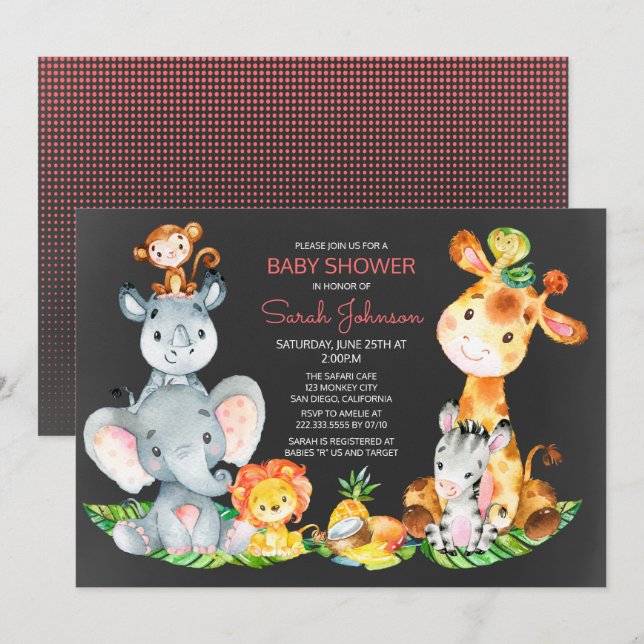 Invitación Chalkboard Watercol Cute Safari Jungle Baby Shower (Anverso / Reverso)
