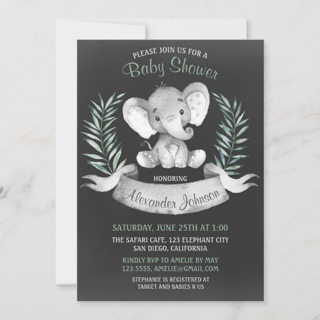 Invitación Chalkboard Watercolor Elephant Baby Shower (Anverso)