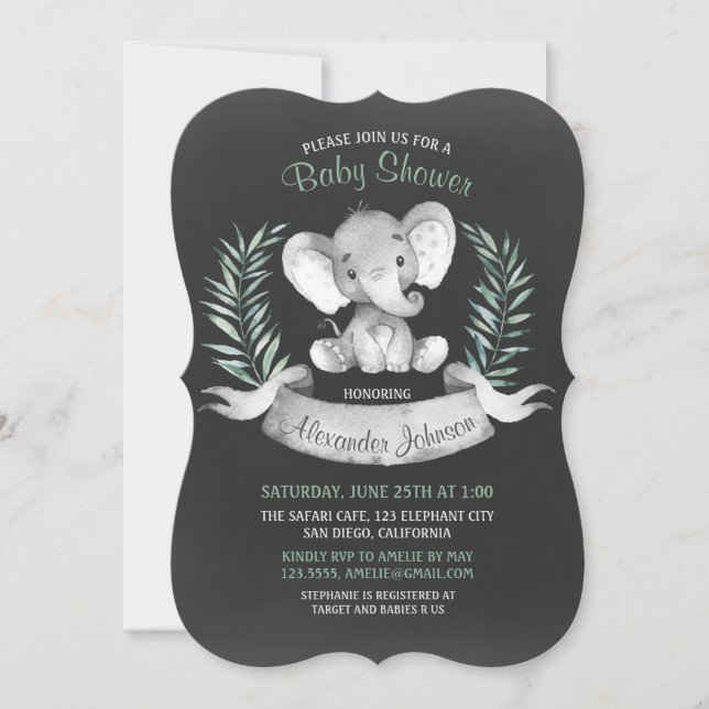 Invitación Chalkboard Watercolor Elephant Baby Shower (Anverso)