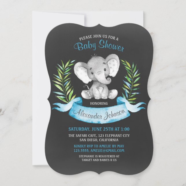 Invitación Chalkboard Watercolor Elephant Boy Baby Shower (Anverso)