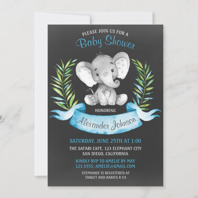Invitación Chalkboard Watercolor Elephant Boy Baby Shower (Anverso)