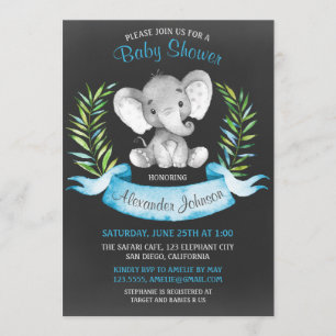 Invitación Chalkboard Watercolor Elephant Boy Baby Shower