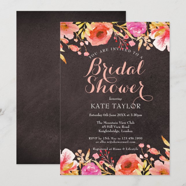 Invitación Chalkboard Watercolor Floral Bridal Shower (Anverso / Reverso)
