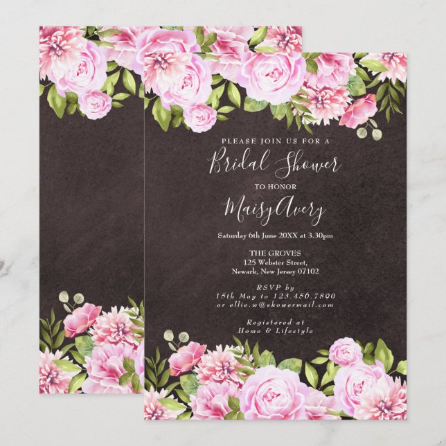 Invitación Chalkboard Watercolor Floral Bridal Shower (Anverso / Reverso)