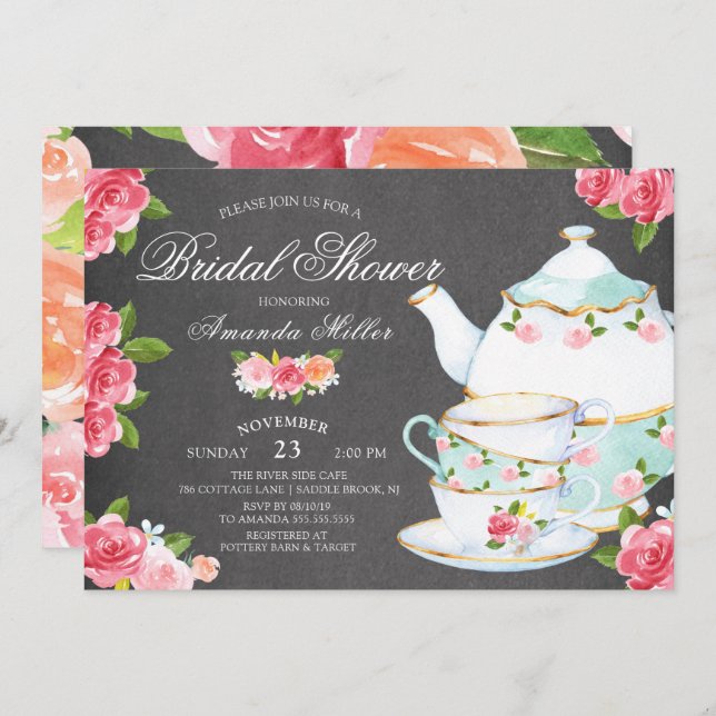 Invitación Chalkboard Watercolor Foral Tea Bridal Ducha (Anverso / Reverso)