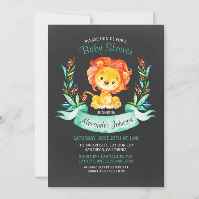 Invitación Chalkboard Watercolor Lion Baby Shower (Anverso)